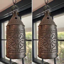 Pair Of Colonial Style Pierced Tin Hanging Candle Lanterns