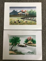 Set Of 2 Vietnamese Paintings On Silk - Unframed