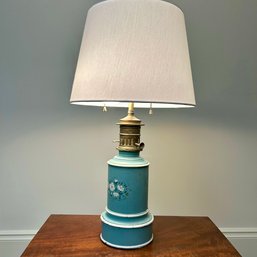 A Vintage Blue Floral Tole Lamp