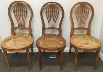 Birds Eye Maple Trio Wooden Balloon Back Caned Chairs, Made In Italy.