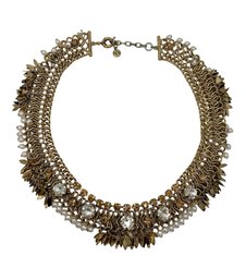 Gold Tone Chain Link Rhinestone & Faux Pearl Necklace
