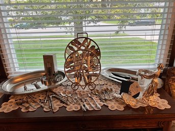 Silver Plate, And Stainless Steel, Tray, Serving Utensils, Vase And Sawn From Marcello Giorgio