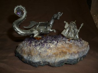 Dragon & Wizard On Amethyst Geode