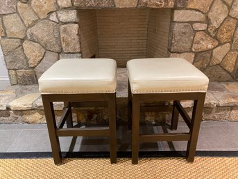 PAIR Beige Leather Counter Stools With Hobnail Border Detail