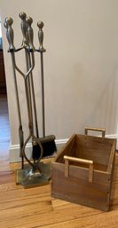 Solid Brass Fireplace Tool Set With Brushed Finish And Small Wooden Kindling Box