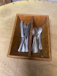 Antique Mini Silverware In Wood Carry Box-made In Usa