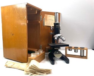 Vintag Monolux 600X Microscope No. 6012 W Original  Wood Box And Components