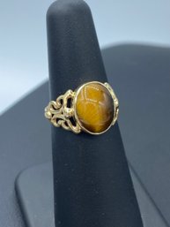 Vintage Tiger Eye Filigree 14k Yellow Gold Ring