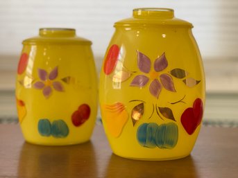 Vintage 1950s Barlett Collins Yellow Glass Canisters With Hand Painted Fruit And Flowers