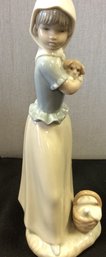 Lladro NAO Figurine  ( Retired ) Girl With Puppy And Picnic Basket 9'  Made In Spain