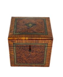 Fine Square Burlwood Box With Exquisite Inlay And Working Key