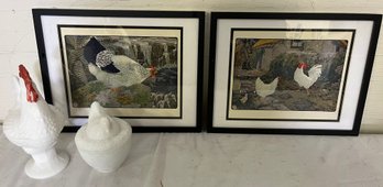 Two Barnyard Prints And Two Milk Glass Items