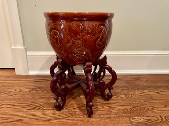 Large Earthtone Cachepot On Teak Stand