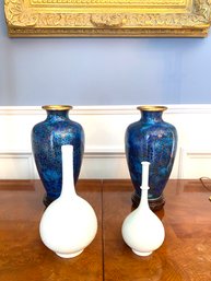 Pair Decorative Petite Blue Cloisane Vases With 2bud Bases