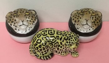 Italian Leopard Ceramic Porcelain Figurine & Keepsake Round Boxes