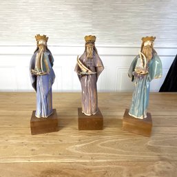 Artist Signed Clay Sculptures Of 3 Kings Bearing Gifts