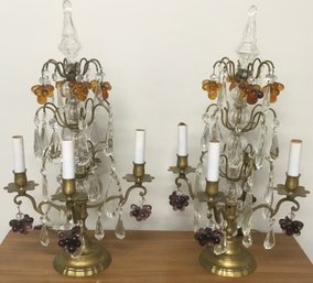 French PR. Amber & Grape Crystals 4 Arm Candelabras, Torchieres