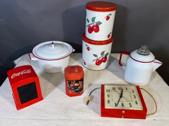 Red & White Collection Enamel Coffee Perculator Pot & Lid Coca-cola Tin Napkin Dispenser GE Clock Model 2H38