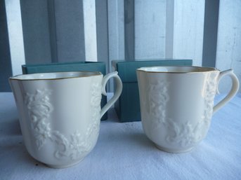 Lenox Holiday Hostess Collection Pair Of 2 Mugs With Holly Print And Gold Rim