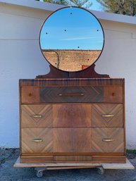 1930s Art Deco Waterfall Dresser With Round Mirror