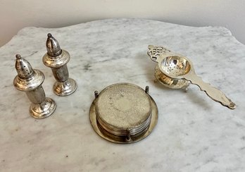 Sterling Weighted Salt & Pepper Shakers, Coasters & Tea Strainer