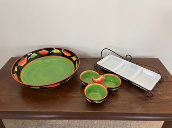 Large Colorful Bowl & Two Sectioned Appetizer Plates