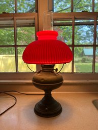 Vintage Electric Oil Lamp Style Table Lamp With Red Shade