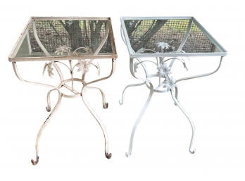 Pair Of Vintage Same Pattern Wrought Iron End Tables 12.5 In. Squared 19 In. Height Glass Tops