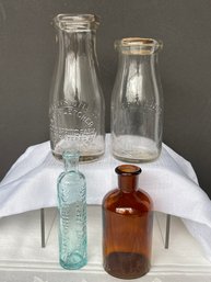 Vintage Bottle Lot Of 4: 2 Milk/cream Bottles, 1 Amber Unknown, 1 Curtis & Perkins Syrup Bottle