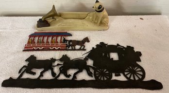 Cast Iron Doorstop And Two Wall Hangings