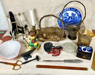 A  Fancy Collection Of Decorative Baskets Containers  Antique Toy Scale Rulers Chinese Copeland Plate