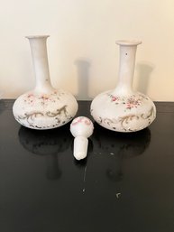 Antique Milk Glass Decanters, 1 Stopper, Hand Painted, With Moser Inspired Floral Relief Painting