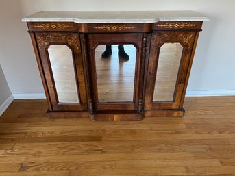Walnut Marketry Marble Top Cabinet With Mirrored Front-1900-1915