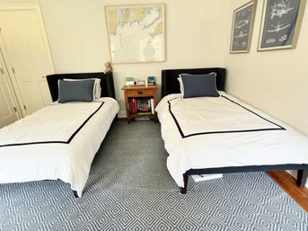 Pair Of Serena And Lily Upholstered Twin Beds In Navy Linen