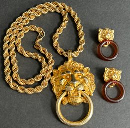 Vintage Kenneth Lane Door Knocker Lion Head Thick Rope Faux Gold Chain Statement Necklace & Earrings