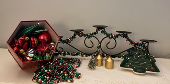 Black Metal Five Candle Candelabra, Holiday Ornaments And Decor Of Red, Green And Gold