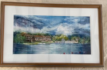 Waters Edge - Old Forge Adirondack Mountains Watercolor Painting Signed Carol Kelly Local Artist 29x18