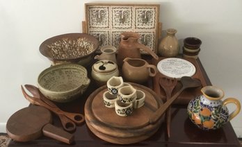 Pottery & Wooden Cutting Boards, Wooden Tray & Accessory Lot.