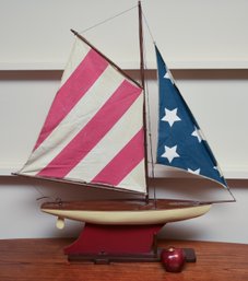 Handmade Wooden Sailboat With American Flag Sail