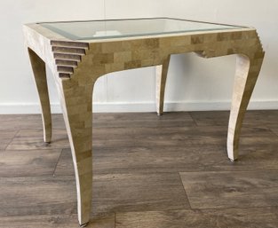 Tessellated Marble Console Table With Brass Accents
