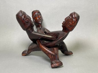 Vintage Hand Carved Wood African Tribal Head Unity Interlocking Carving Sculpture