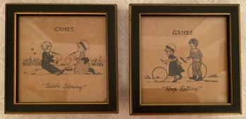 Vintage Pair Signed Nancy Thomas Old Fashioned Games Mini Prints: Hoop Rolling & Bubble Blowing Gallery Wall