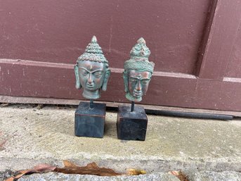 Set Of 2 Metal & Patina Buddha Head Sculpture Statue