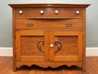 Vintage (2) Drawer Fruitwood Storage Chest With Potter-Stone Precision Clock Drawer Pulls