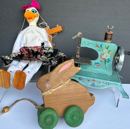 Lot Of 3 Vintage Toys: Daisy Duck Marionette Puppet-Lindstrom Toy Sewing Machine (works) Wood Rabbit Pull Toy
