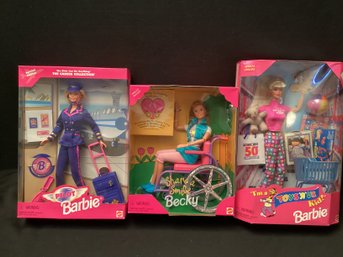 Lot Of 3 Pink Box Special Edition Barbies Pilot Toys R Us Kid  Becky In Wheelchair Dolls NRFB