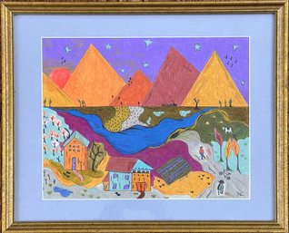 Naive Art Framed And Matted Painting, Signed Lower Right