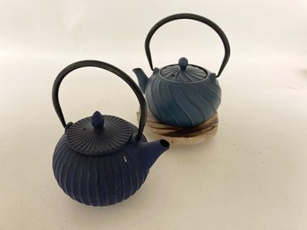 Two Asian Iron Tea Pots With Signed Trivet