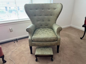 Green Wingback Upholstered Chair And Footstool