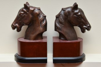 Pair Of Horse Head Metal And Wood Bookends